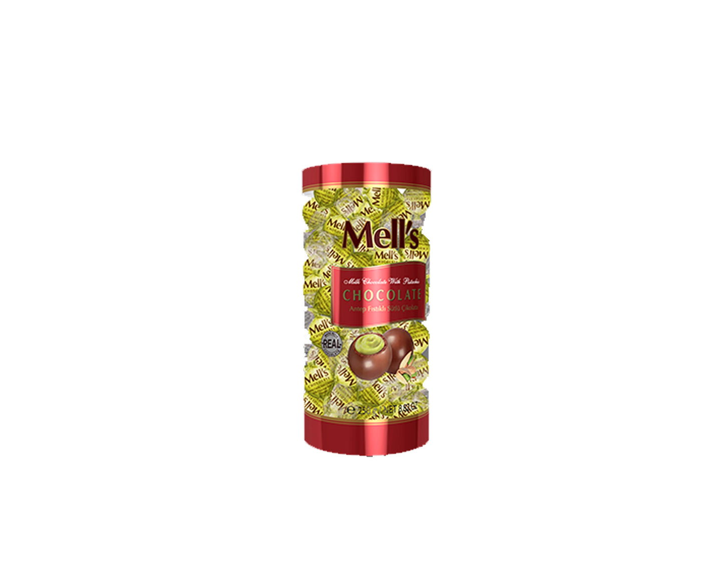 Mell's Chocolate Milk Chocolate with Pistachio Cylinder Box (250g x 24)