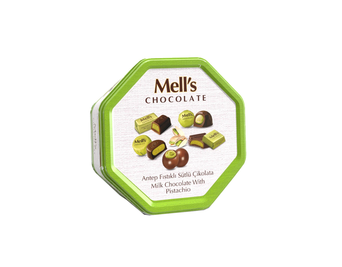 Mell's Chocolate Milk Chocolate with Pistachio Octagon Tin Box 500g x 8