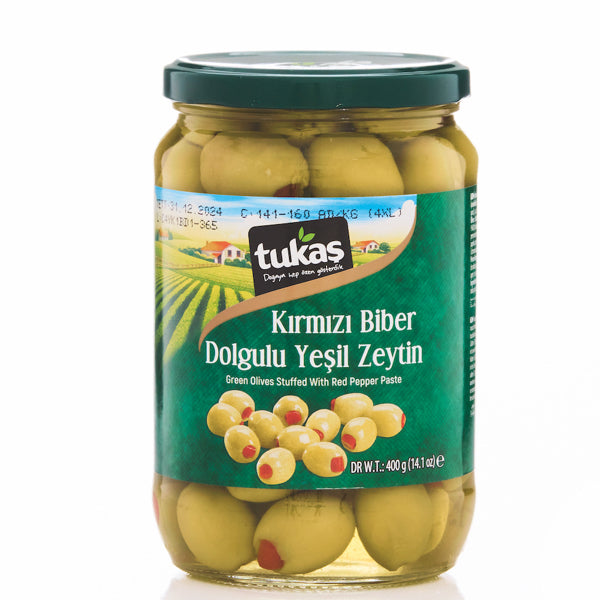 Tukas Green Olives Stuffed w/ Pepper in Glass (720g x 12)