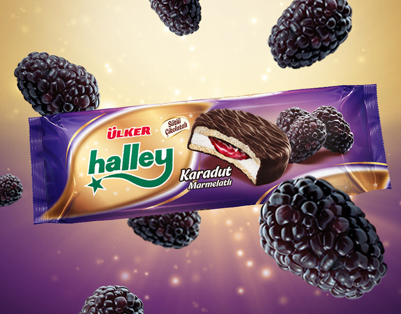 Ulker Halley Choc. Coated Marsh. Biscuit w/Mulberry (240g x 12)