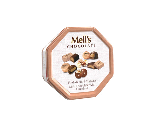 Mell's Chocolate Milk Chocolate with Hazelnut Octagon Tin Box 500g x 8
