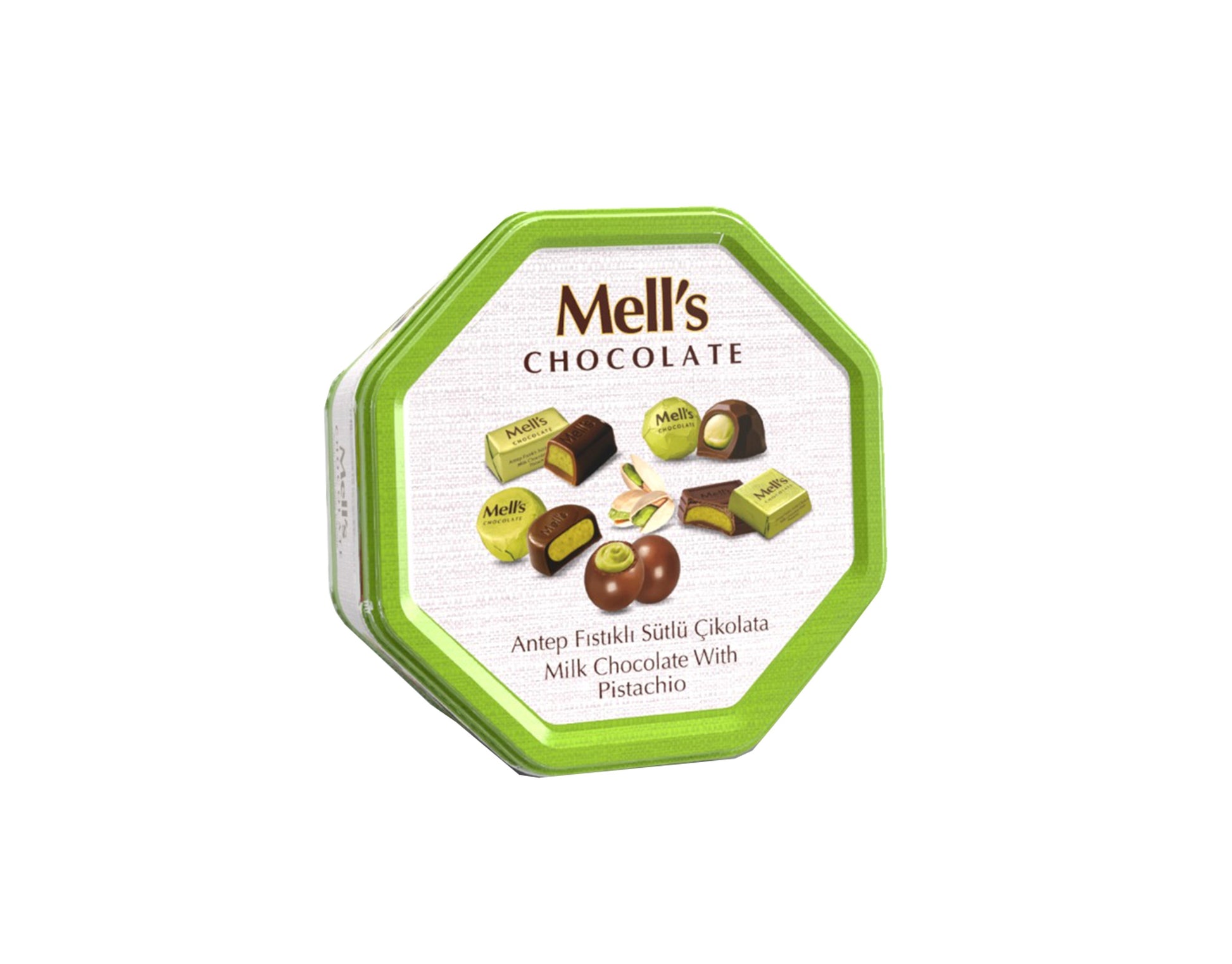 Mell's Chocolate Milk Chocolate with Pistachio Octagon Tin Box 500g x 8