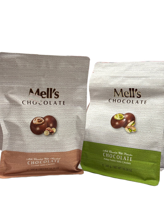 Mell’s Chocolate Milk Chocolate w/ Pistachio & Hazelnut Bag (300g x 20)