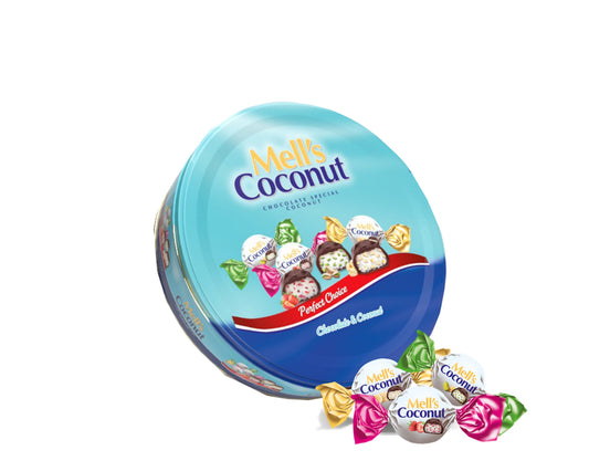 Mell's Coconut Mixed Flavours Circle Tin (500g x 8)